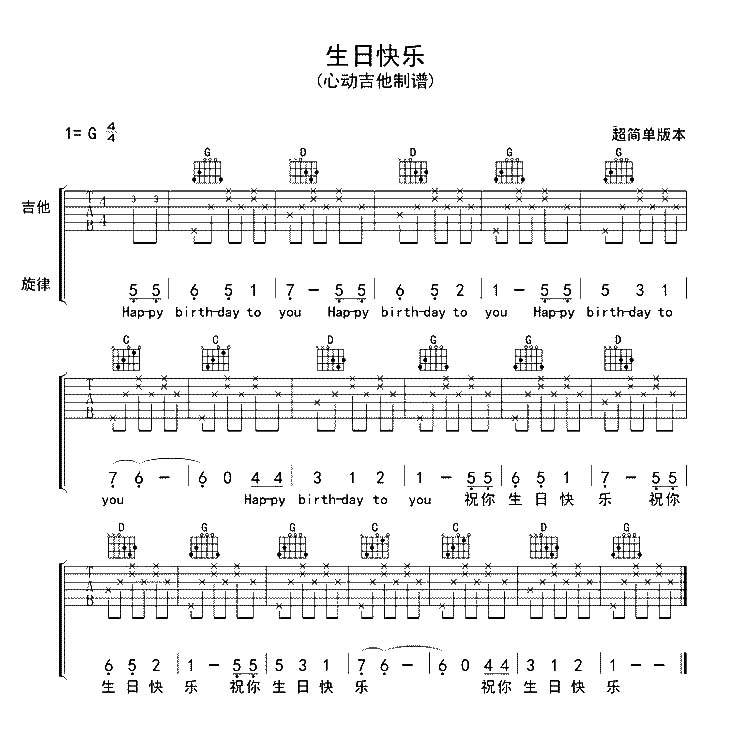 生日快乐吉他谱_G调简单版_《生日歌》弹唱六线谱 生日快乐吉他谱_G调简单版_《生日歌》弹唱六线谱