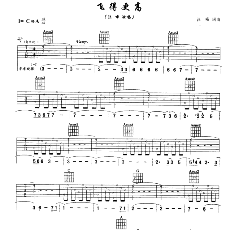 《飞得更高吉他谱》_汪峰_C调_吉他图片谱5张 图1