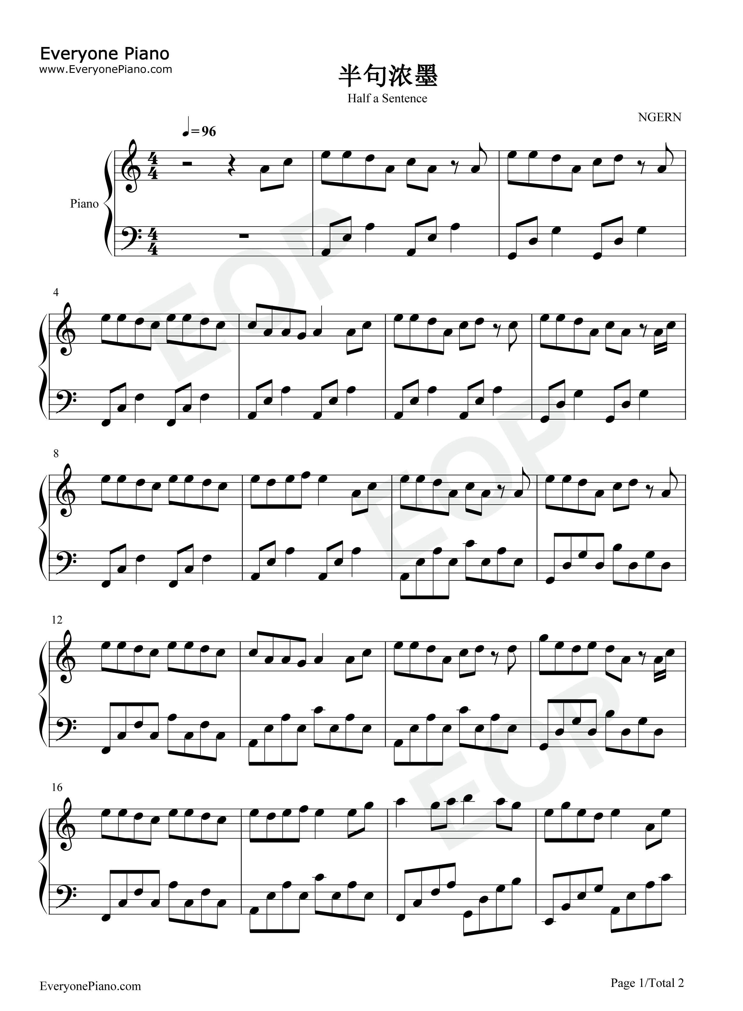 半句浓墨-C调简单版-灯下曲终人散唱绝人世悲欢-抖音五线谱预览1