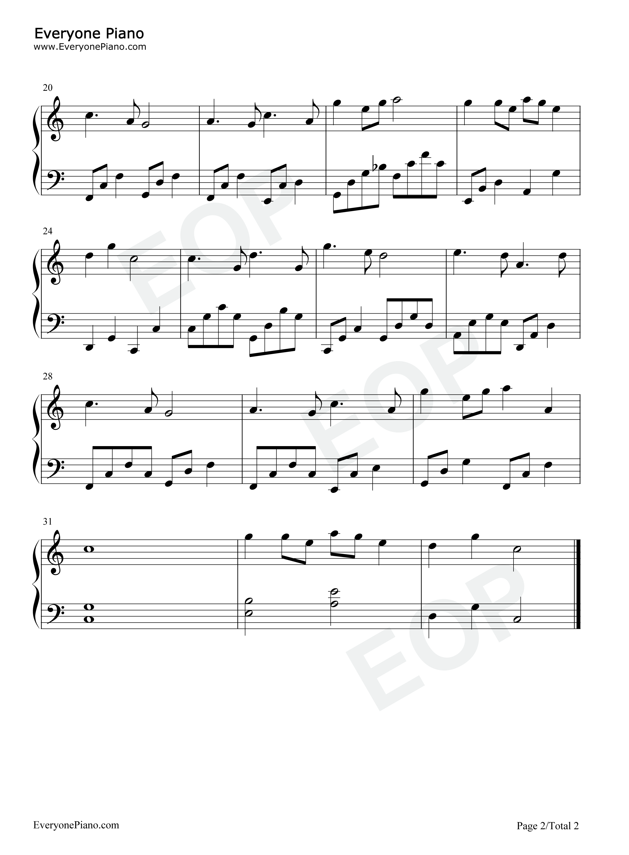 渔光曲-C调简单版五线谱预览2