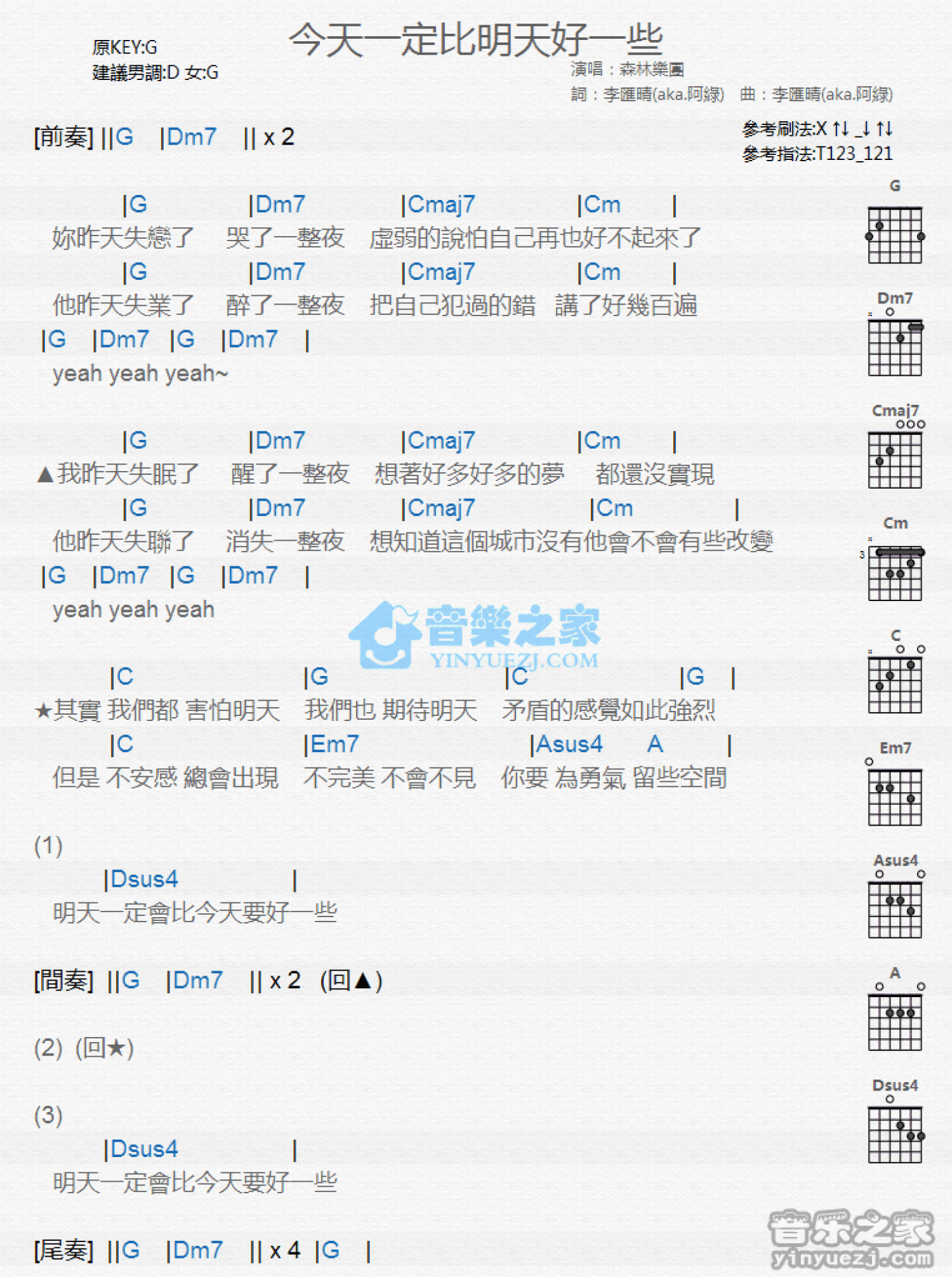 森林乐团《明天一定会比今天更好一些》吉他谱_吉他弹唱谱_和弦谱第1张