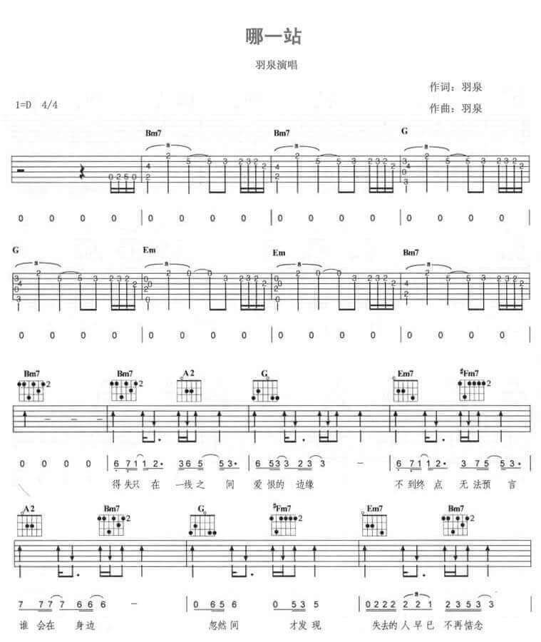 哪一站吉他谱 D调六线谱-附前奏-羽泉