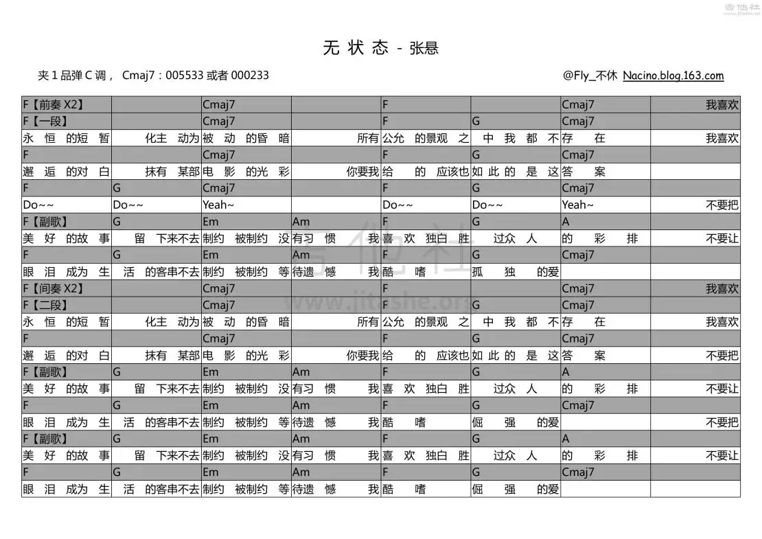无状态吉他谱 C调和弦谱-吉他社编配-张悬