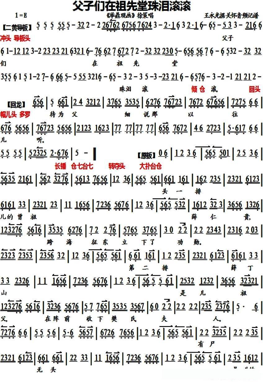 父子们在祖先堂珠泪滚滚（《聚鼎观画》徐策唱段、琴谱）